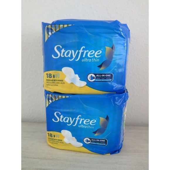 Stayfree Ultra Thin All-In-One Pads, 18 Regular Winged Pads Per Pack, Lot of 2 - Picture 2 of 2